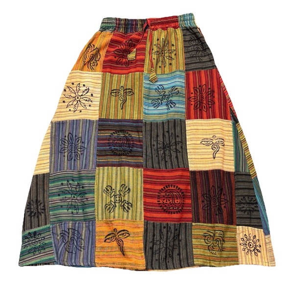 Dresses & Skirts - Patchwork Striped Midi Skirt Size S Boho Hippie Retro 100% Cotton Made in Nepal